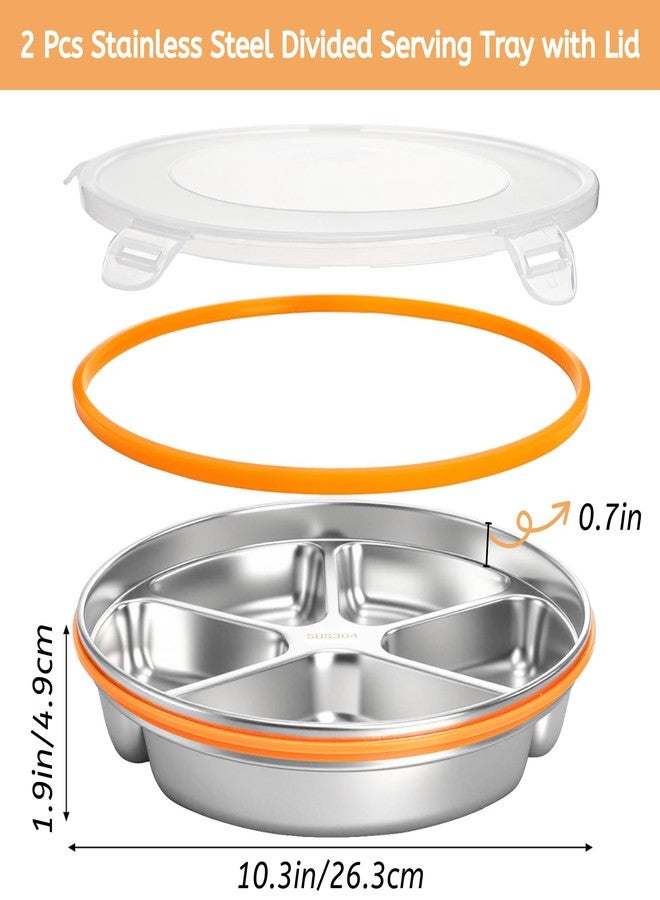 Youeon 2 Pack Stainless Steel Divided Serving Tray with Lid, 5 Compartments Round Veggie Tray Snack Box, Reusable Sectioned Food Storage Container for Meal Prep, Party, Entertaining - Image 2