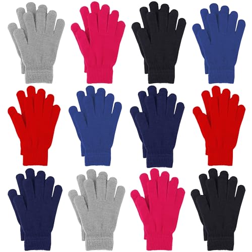 Cooraby 12 Pairs Winter Magic Gloves Stretchy Warm Knit Gloves with Mesh Storage Bag for Men or Women (Black,Medium Grey,Red,Sky Blue,Navy,Hot Pink, Large) - Image 1