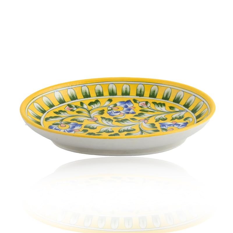NATRIEL Blue Pottery Floral Art Handcrafted Plate for Classic Home and Kitchen Decor and Serving Handmade and Handpainted Designer Plates Yellow and Multicolor Greater Than 10 - Image 1
