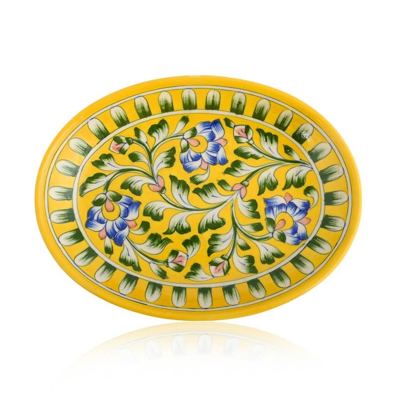 NATRIEL Blue Pottery Floral Art Handcrafted Plate for Classic Home and Kitchen Decor and Serving Handmade and Handpainted Designer Plates Yellow and Multicolor Greater Than 10 - Image 2