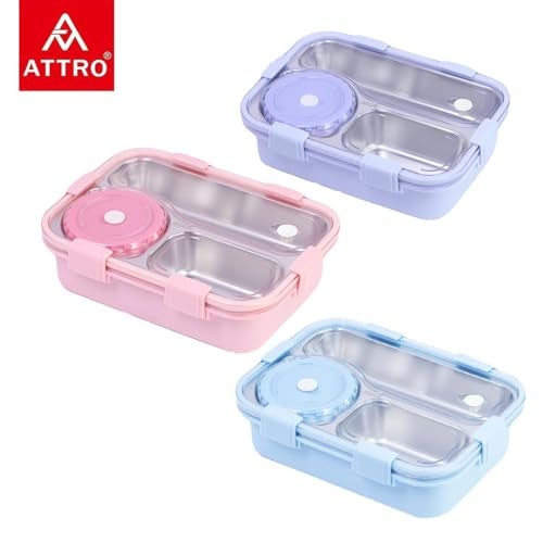 ATTRO Lunch Pro Deluxe 3 Lunch Box with Detachable Inner Steel Compartments, Spoon, one Small Container, Heating Water Insulation Design, Foodgrade, Leakproof-750ml Pink - Image 5
