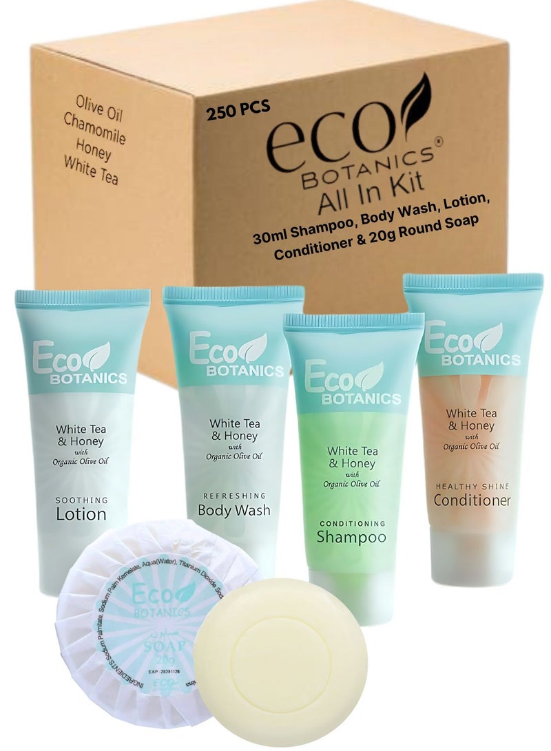 Eco Botanics Hotel Soaps & Toiletries Bulk Set 30ml Hotel Shampoo & Conditioner, Body Wash, Body Lotion & 20g Bar Soap Travel Size | 250 Pieces - Image 1