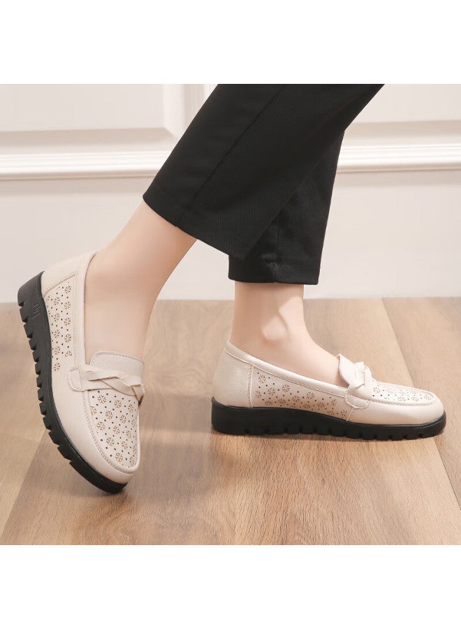 Pull Back Warrior Mom Shoes Middle-aged Summer Sandals Soft Sole Breathable Elderly Women's Leather Comfortable Non-slip Flats 0093 Beige Size 36 - Image 2