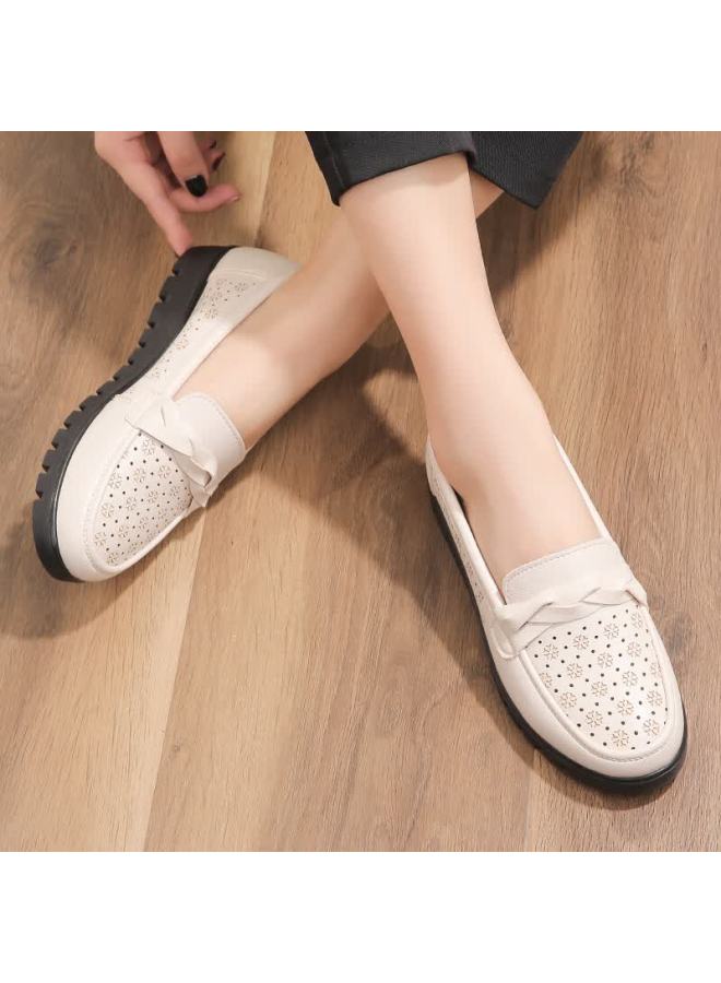 Pull Back Warrior Mom Shoes Middle-aged Summer Sandals Soft Sole Breathable Elderly Women's Leather Comfortable Non-slip Flats 0093 Beige Size 36 - Image 3