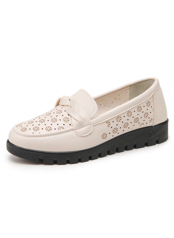 Pull Back Warrior Mom Shoes Middle-aged Summer Sandals Soft Sole Breathable Elderly Women's Leather Comfortable Non-slip Flats 0093 Beige Size 36 - Image 4
