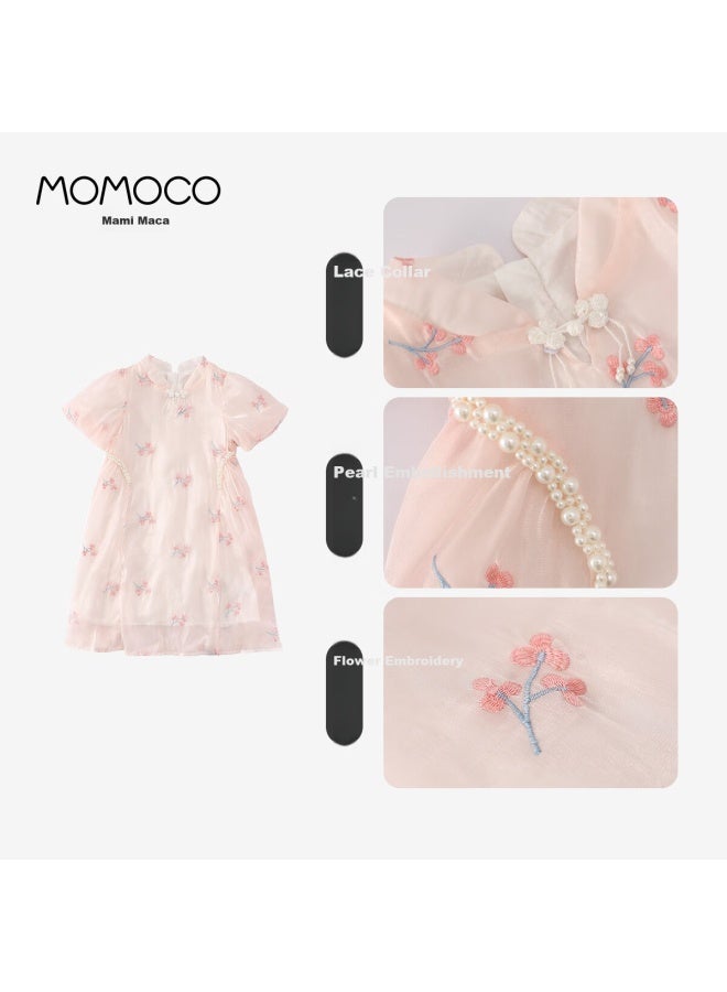 momoco Mami Maka Momoco Girls' Summer Dress, New Summer Style, New Chinese-style Embroidered Tulle Dress, Performance Costume, Pink, 105 - Image 1