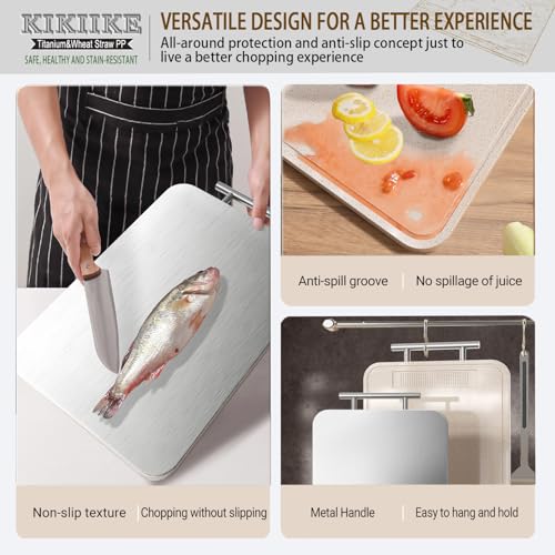 KIKIIKE Titanium Cutting Board Double Sided Pure Titanium Cutting Boards for Kitchen, Pure titanium & Wheat Straw PP Food Grade metal chopping boards Easy to Clean Large Size - Image 3