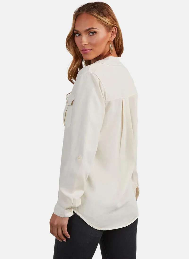 يونيكي Cream Regular Fit Spread Collar Long Sleeves Shirts