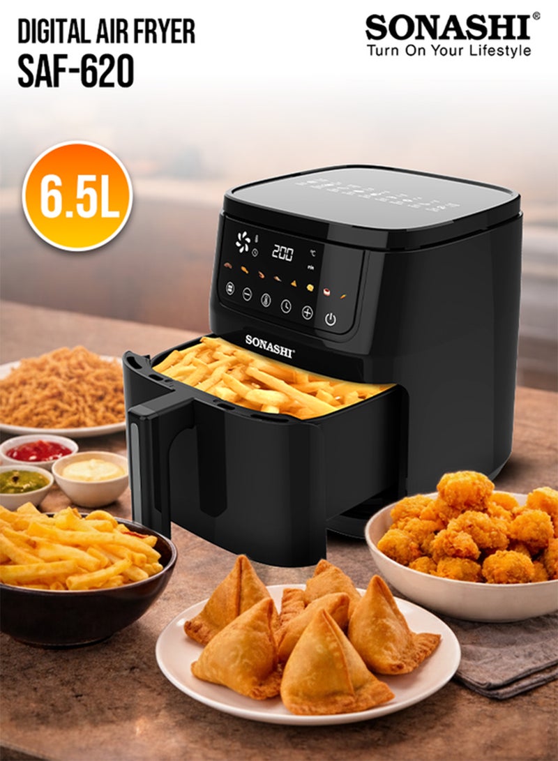 SONASHI Digital Air Fryer | 6.5L Non-Stick Pan | Colorful LED Touch Display | 8 Auto-Cook Menus with Shake Reminder | 360° Air Circulation | Automatic Shut-Off & Overheat Protection | 1600W SAF-620 Black 6.5 L 1600 W SAF-620 Black/Silver - Image 1