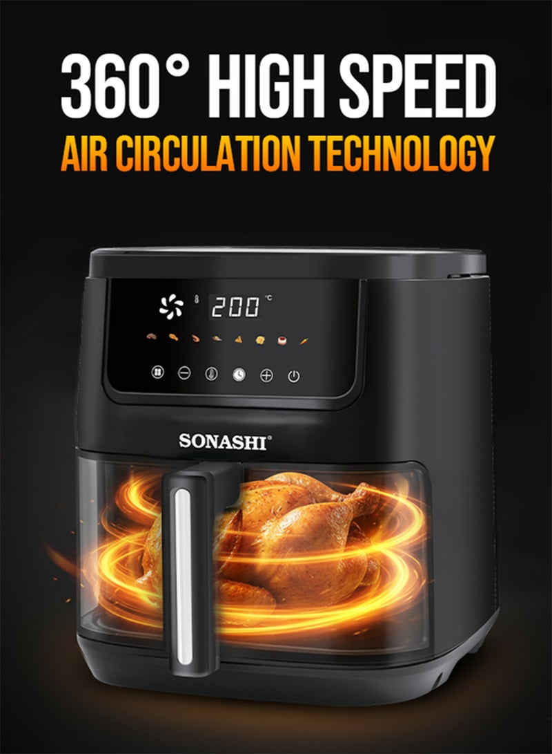 SONASHI Digital Air Fryer | 6.5L Non-Stick Pan | Colorful LED Touch Display | 8 Auto-Cook Menus with Shake Reminder | 360° Air Circulation | Automatic Shut-Off & Overheat Protection | 1600W SAF-620 Black 6.5 L 1600 W SAF-620 Black/Silver - Image 3