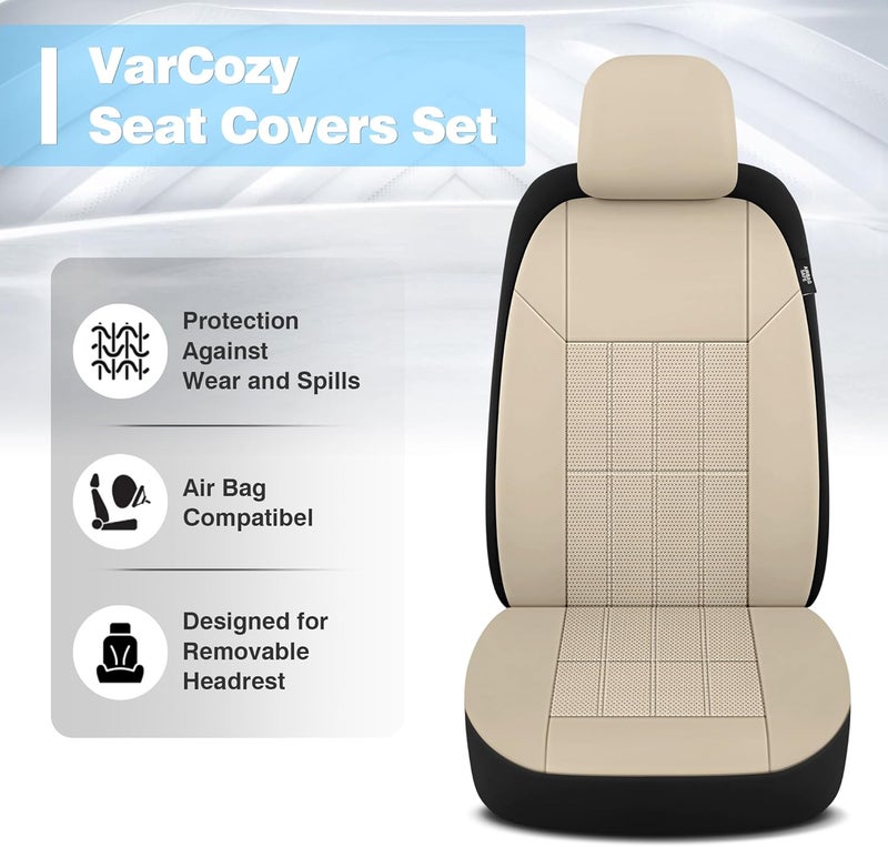 VarCozy Faux Leather Car Seat Covers Front Pair - Universal Fit, Breathable, Airbag Compatible, Beige - Image 2