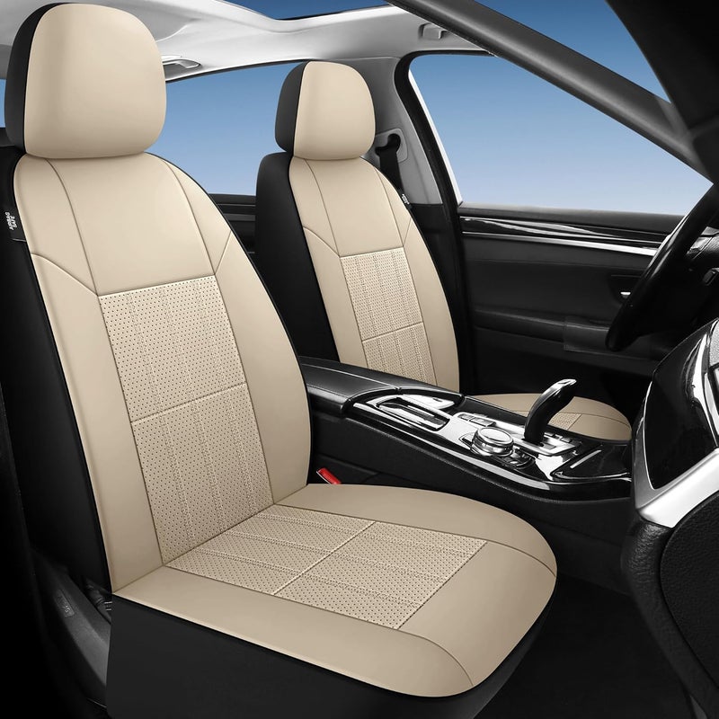 VarCozy Faux Leather Car Seat Covers Front Pair - Universal Fit, Breathable, Airbag Compatible, Beige - Image 1