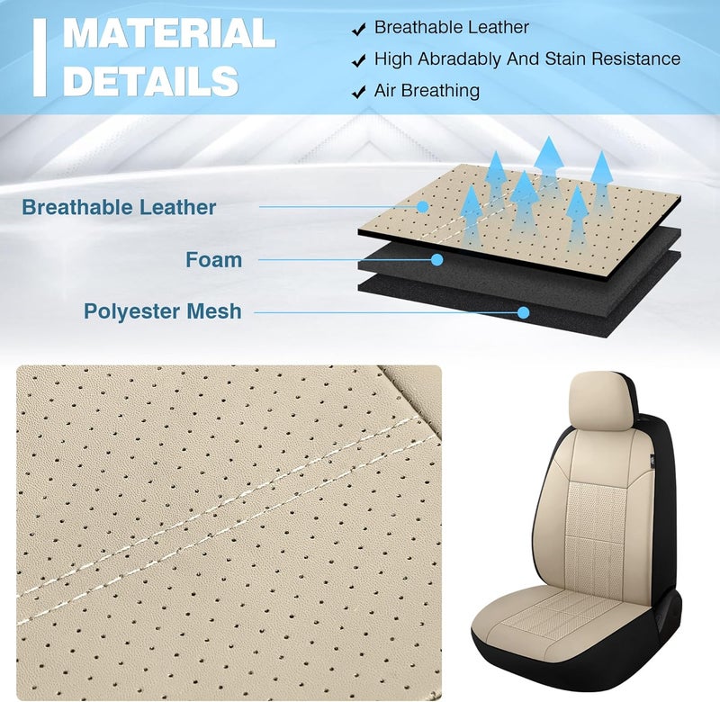 VarCozy Faux Leather Car Seat Covers Front Pair - Universal Fit, Breathable, Airbag Compatible, Beige - Image 5