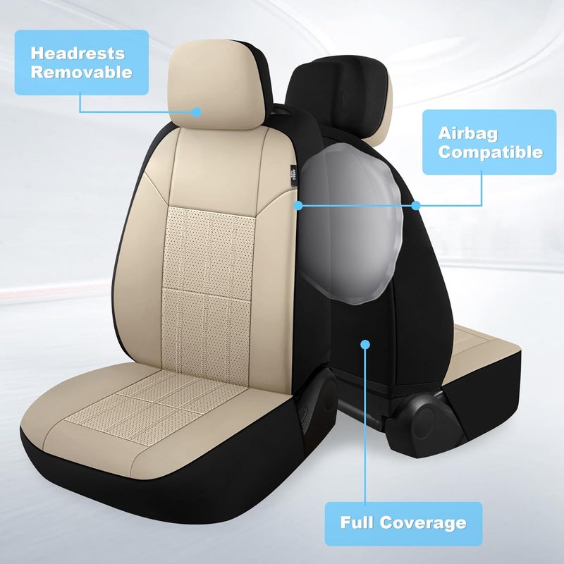 VarCozy Faux Leather Car Seat Covers Front Pair - Universal Fit, Breathable, Airbag Compatible, Beige - Image 4