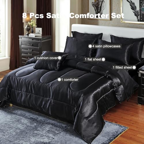 Bedding_Dreamer Satin Comforter Set King Size, 8 Piece Bed in a Bag Black with Sheets, Silky Soft Polyester Satin Bedding Set, Lightweight, 16 Inch Deep Pocket, Luxury Modern Style - Image 2