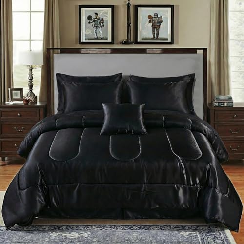 Bedding_Dreamer Satin Comforter Set King Size, 8 Piece Bed in a Bag Black with Sheets, Silky Soft Polyester Satin Bedding Set, Lightweight, 16 Inch Deep Pocket, Luxury Modern Style - Image 1