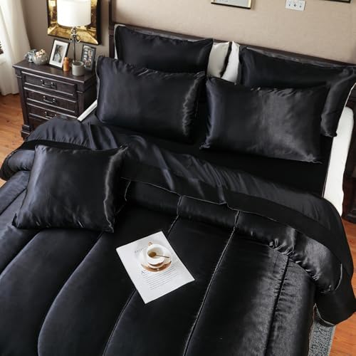Bedding_Dreamer Satin Comforter Set King Size, 8 Piece Bed in a Bag Black with Sheets, Silky Soft Polyester Satin Bedding Set, Lightweight, 16 Inch Deep Pocket, Luxury Modern Style - Image 3