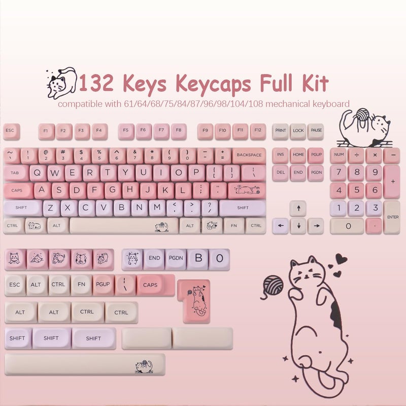 TYRIXKI PBT MOA Keycaps-132 Keys Pink Gradient Cat Keycaps Cute Dye-Sublimation Custom Keycap Set for Cherry Gateron MX Swithes Mechanical Keyboards - Image 5
