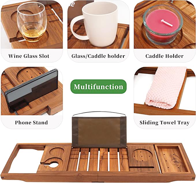VaeFae Premium Teak Bathtub Tray, Expandable Wooden Bath Tray for Tub, Luxury Bathtub & Bathroom Accessories, Great House Warming, Anniversary & Wedding and Birthday Gifts (Free Teak Body Brush) - Image 4