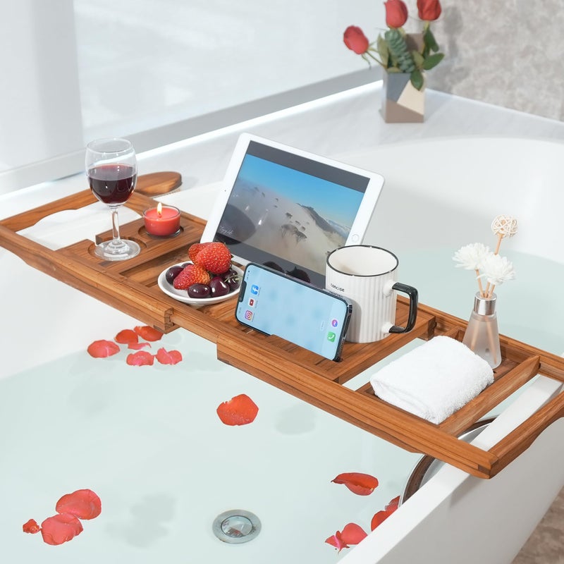 VaeFae Premium Teak Bathtub Tray, Expandable Wooden Bath Tray for Tub, Luxury Bathtub & Bathroom Accessories, Great House Warming, Anniversary & Wedding and Birthday Gifts (Free Teak Body Brush) - Image 2