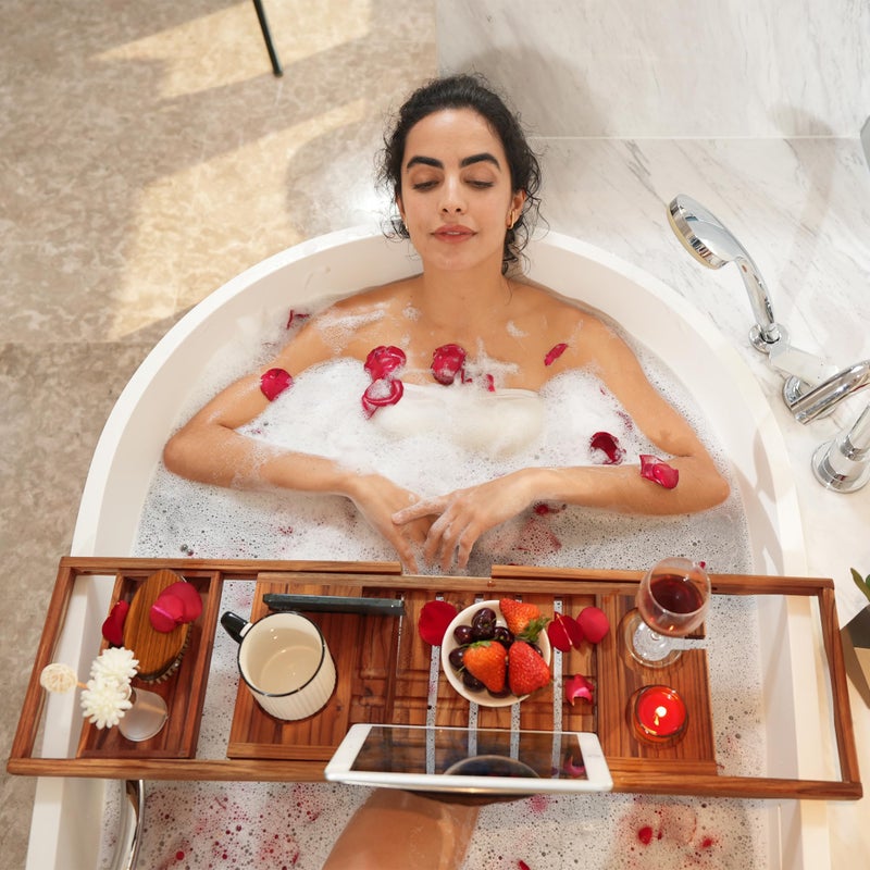 VaeFae Premium Teak Bathtub Tray, Expandable Wooden Bath Tray for Tub, Luxury Bathtub & Bathroom Accessories, Great House Warming, Anniversary & Wedding and Birthday Gifts (Free Teak Body Brush) - Image 5
