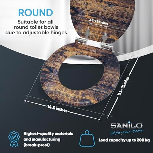 SANILO Wooden Toilet Seat with Soft Close [ROUND] - Decorative, Quiet & Slow Close Molded Wood Seat - With Strong Bumpers & Hinges - Adjustable Fit – Vintage - Image 4