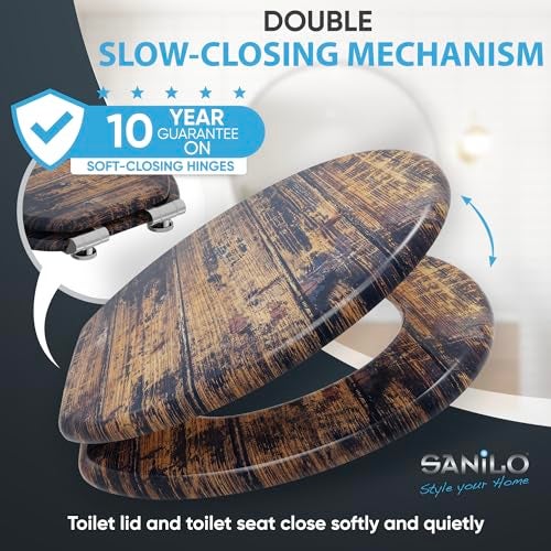 SANILO Wooden Toilet Seat with Soft Close [ROUND] - Decorative, Quiet & Slow Close Molded Wood Seat - With Strong Bumpers & Hinges - Adjustable Fit – Vintage - Image 3