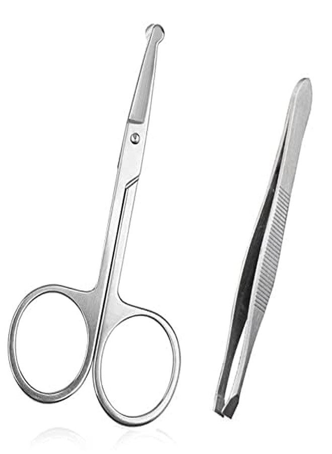 Ghelonadi Eyelash Facial Grooming Beauty Tools Moustache Professional Stainless Steel Tweezers with Round Tip Eyebrow Scissors for Girl's (Silver) (Pack Of 2) - Image 1