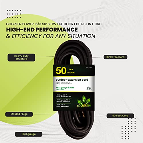 Power By GoGreen كابل تمديد خارجي أسود من Go Green Power Inc. 16/3 بطول 50 قدم - متين، ثقيل، مقاوم للرطوبة - مثالي للأدوات والمعدات - GG-13750BK - Image 5