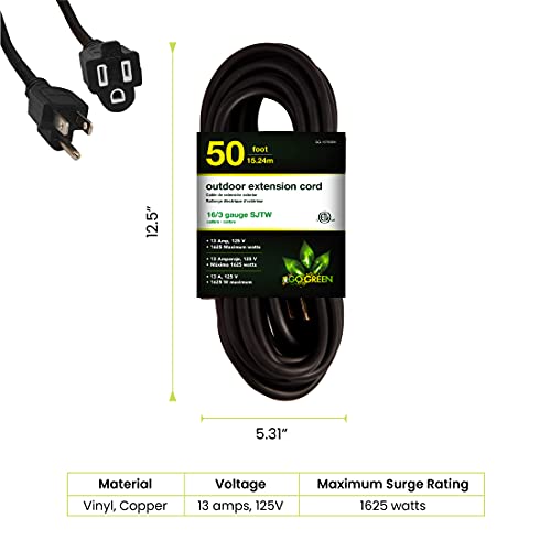 Power By GoGreen كابل تمديد خارجي أسود من Go Green Power Inc. 16/3 بطول 50 قدم - متين، ثقيل، مقاوم للرطوبة - مثالي للأدوات والمعدات - GG-13750BK - Image 2