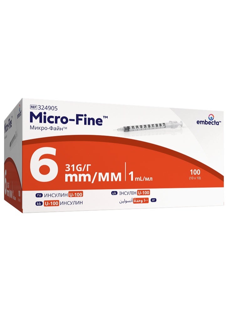 محاقن الأنسولين Embecta Micro-Fine من فئة U-100 (مقاس 31G × 6 مم، 1 مل) – عبوة تحتوي على 100 حقنة