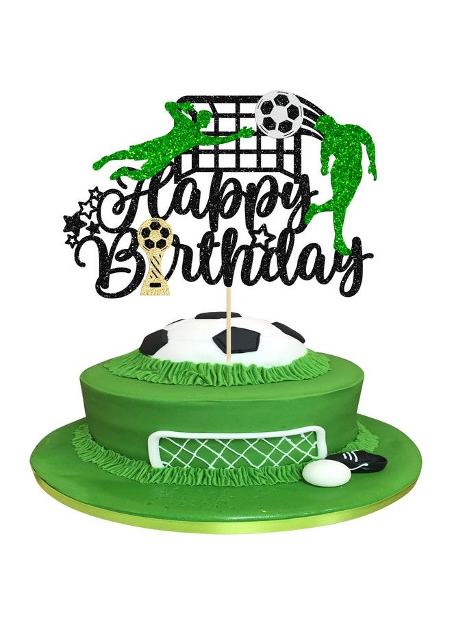 Ephlyn 1 قطعة تزيين كعكة عيد ميلاد كرة القدم مع لمعة - لافتة عيد ميلاد سعيدة - تزيين كعكة لاعب كرة القدم لاحتفالات موضوع الرياضة للرجال والأولاد والبنات باللون الأسود - Image 1