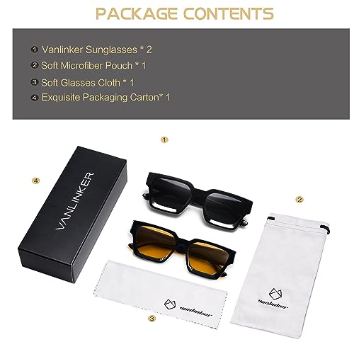 VANLINKER Thick Square Sunglasses for Men Women Retro Chunky Rectangle Trendy Shades VL9731 Black + Black/Yellow Tinted Lens - Image 5