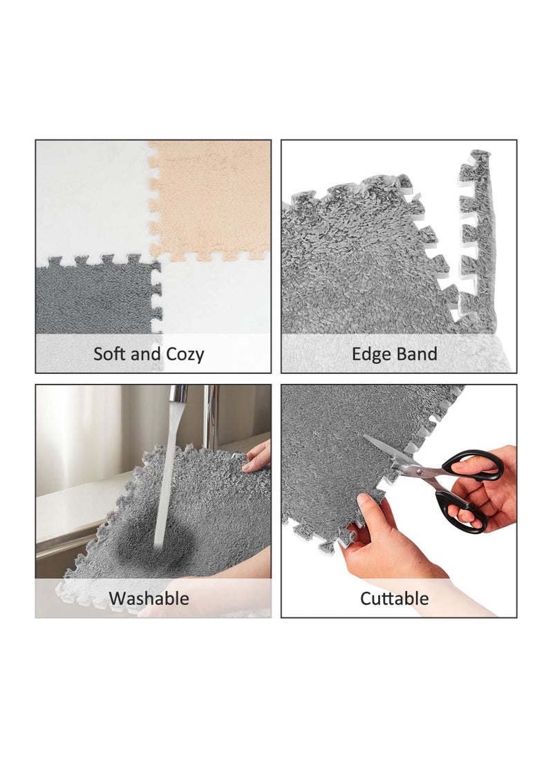 18 Pcs Plush Foam Floor Mat Square Interlocking Carpet Tiles with Border Fluffy Play Mat Floor Tiles Soft Climbing Area Rugs for Home Playroom Decor  12 x 12 x 0.4 Inch (White  Light Gray Camel)