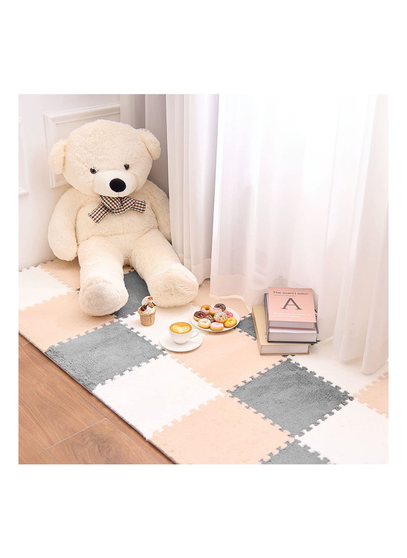 18 Pcs Plush Foam Floor Mat Square Interlocking Carpet Tiles with Border Fluffy Play Mat Floor Tiles Soft Climbing Area Rugs for Home Playroom Decor  12 x 12 x 0.4 Inch (White  Light Gray Camel)
