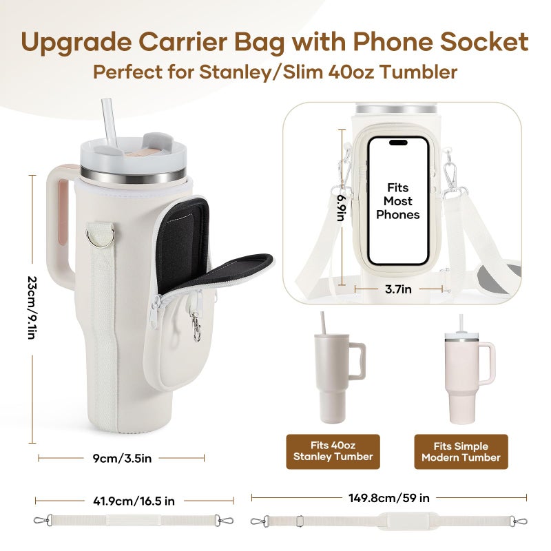 linmaya Water Bottle Carrier Bag with Phone Pocket for Stanley Cup 40/30oz,Insulated Neoprene Water Bottle Holder Cross-boday Bag with Adjustable Shoulder & Handheld Strap Stanley Cup Accessories - Image 3
