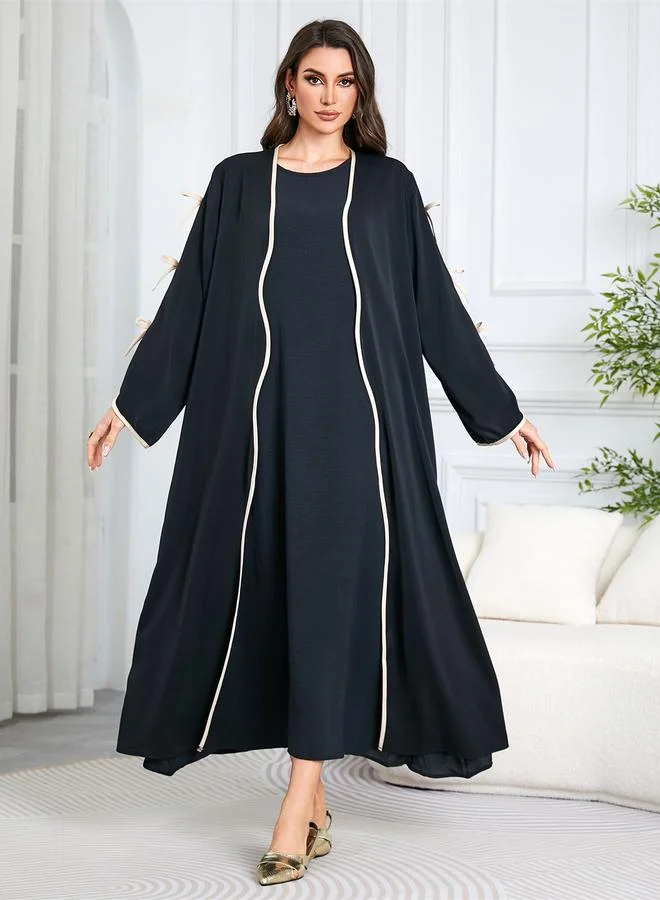 تايك تو black Contrast Trims Bow Details Open Front Abaya