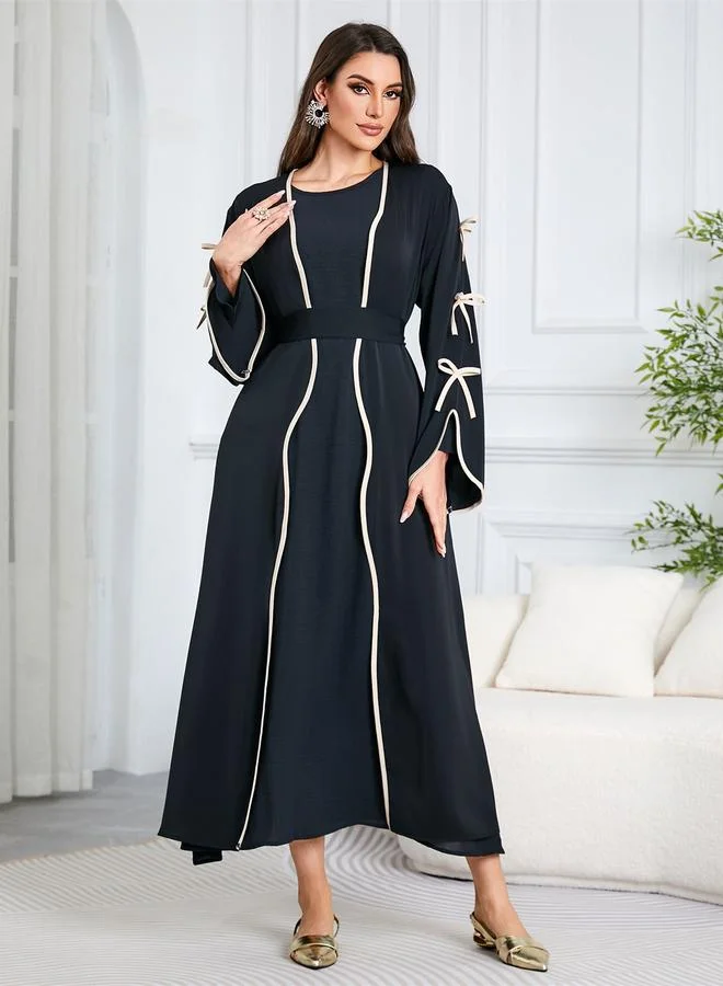 تايك تو black Contrast Trims Bow Details Open Front Abaya