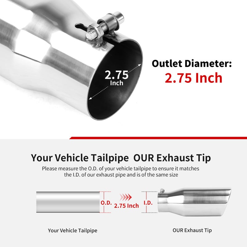 Richeer 2.75 to 3.5 inch Exhaust Tip, 2.75" Inlet 3.5â€ Outlet 12â€ Overall Length Stainless Steel Exhaust Tip Surface Polished Finish Universal for Vehicles with 2.75" O.D. Exhaust Tailpipe - Image 3