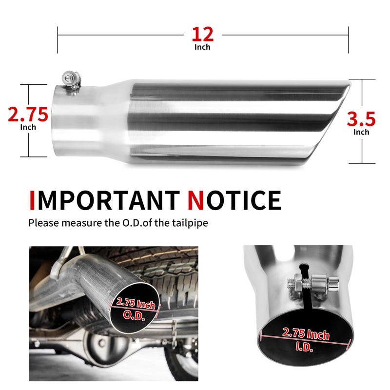 Richeer 2.75 to 3.5 inch Exhaust Tip, 2.75" Inlet 3.5â€ Outlet 12â€ Overall Length Stainless Steel Exhaust Tip Surface Polished Finish Universal for Vehicles with 2.75" O.D. Exhaust Tailpipe - Image 2