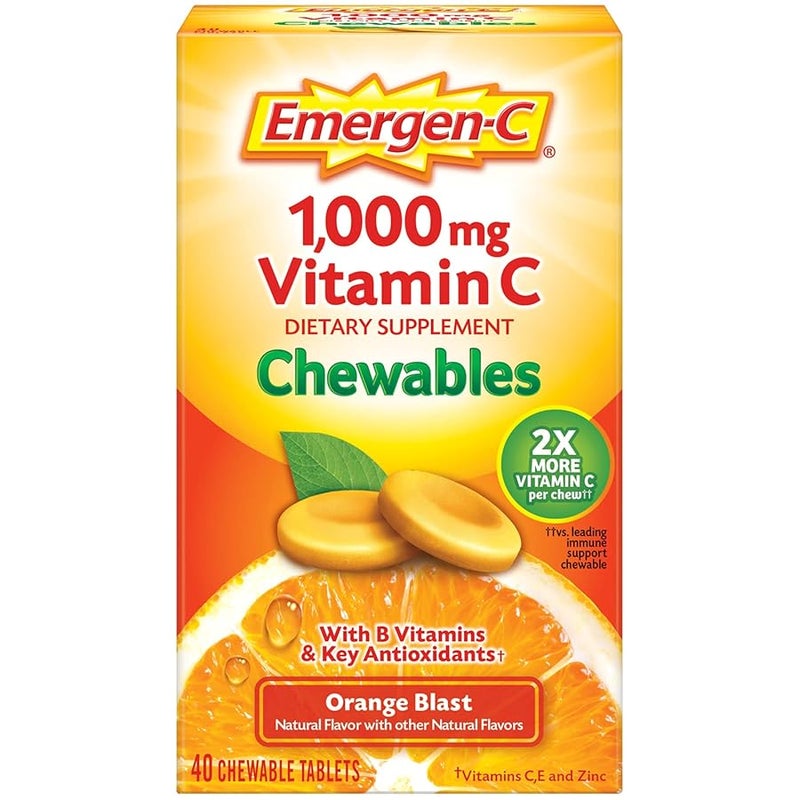 EmergenCChewable Vitamin C 1000mg With B Vitamins And Antioxidants Tablet 40 Count Orange Blast Flavor Dietary Supplement