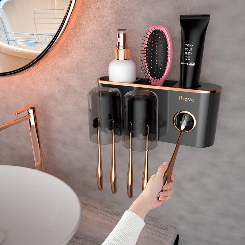 iHave Toothbrush Holders Bathroom Accessories with Toothpaste Dispenser, 2 Cups Toothbrush Holder Wall Mounted Bathroom Decor - Image 1