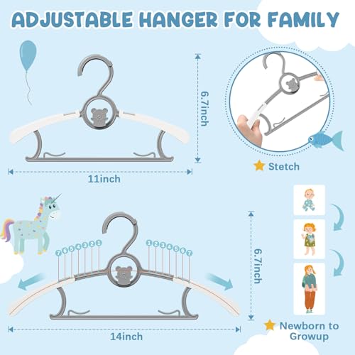 Eunhdet 50 Pack Baby Hangers for Nursery Closet Adjustable NonSlip Kids Hangers with Windproof Buckle 1114 Infant Child Plastic Clothes Pants Toddler Hanger for Boys Girls Newborn Adult Grey - Image 3