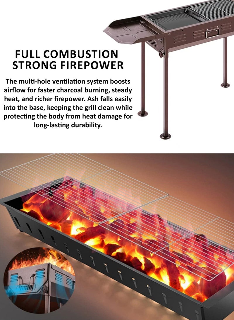 DBLEW Double Wing Japanese BBQ Grill Portable Foldable Outdoor Charcoal Barbecue with Dual Cooking Modes, Adjustable Height, Heavy Duty Iron Body, Chrome Plated Grids, Frying Pan, Charcoal Tray, Anti-Scalding Handles, Large Cooking Area for Camping, Garden, Picnic, and Parties - Image 5