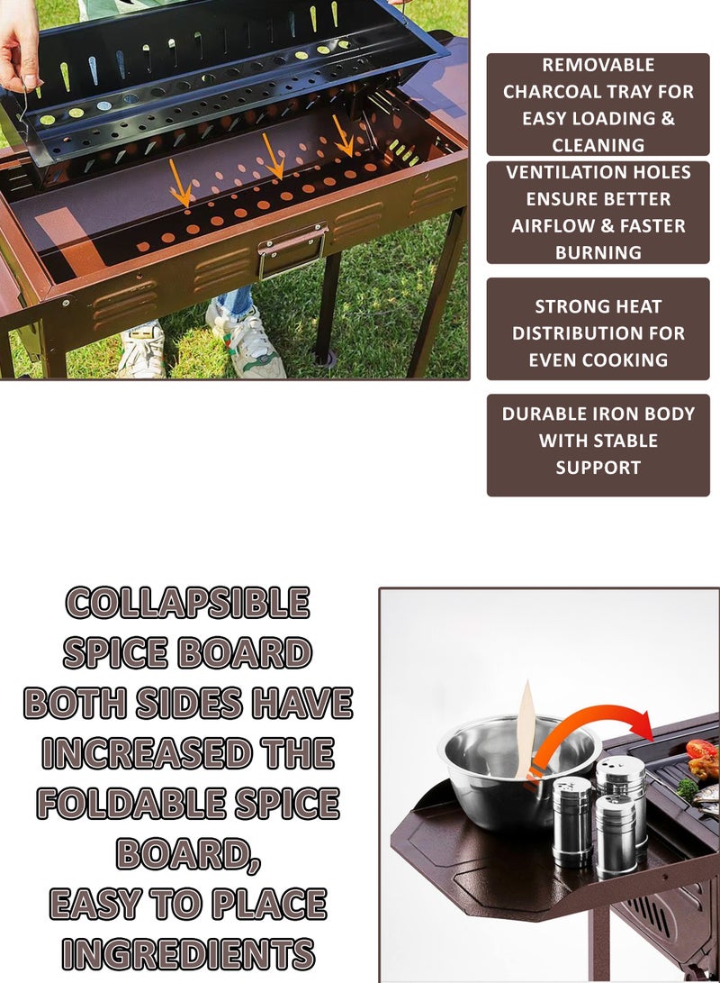 DBLEW Double Wing Japanese BBQ Grill Portable Foldable Outdoor Charcoal Barbecue with Dual Cooking Modes, Adjustable Height, Heavy Duty Iron Body, Chrome Plated Grids, Frying Pan, Charcoal Tray, Anti-Scalding Handles, Large Cooking Area for Camping, Garden, Picnic, and Parties - Image 4