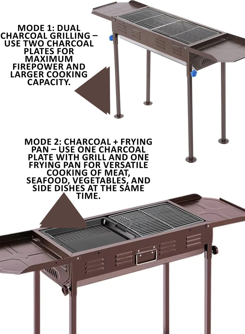 DBLEW Double Wing Japanese BBQ Grill Portable Foldable Outdoor Charcoal Barbecue with Dual Cooking Modes, Adjustable Height, Heavy Duty Iron Body, Chrome Plated Grids, Frying Pan, Charcoal Tray, Anti-Scalding Handles, Large Cooking Area for Camping, Garden, Picnic, and Parties - Image 3