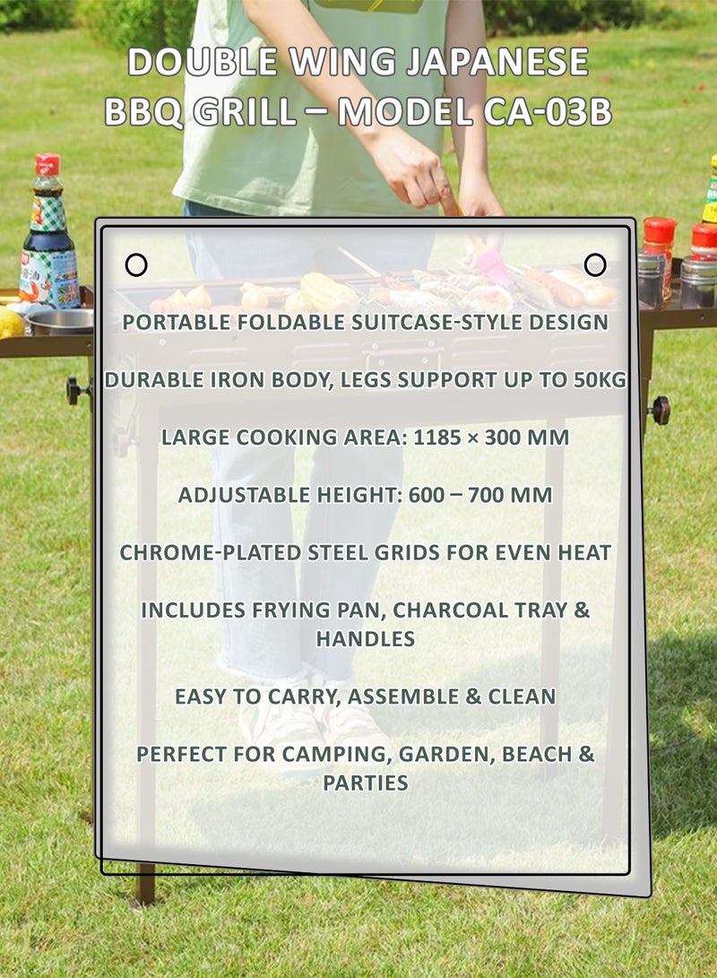 DBLEW Double Wing Japanese BBQ Grill Portable Foldable Outdoor Charcoal Barbecue with Dual Cooking Modes, Adjustable Height, Heavy Duty Iron Body, Chrome Plated Grids, Frying Pan, Charcoal Tray, Anti-Scalding Handles, Large Cooking Area for Camping, Garden, Picnic, and Parties - Image 2