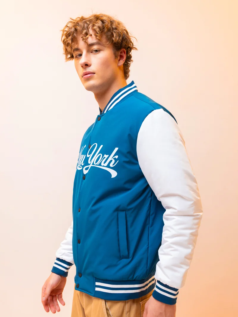 Beyoung Teal Blue Printed Varsity Jacket for Men