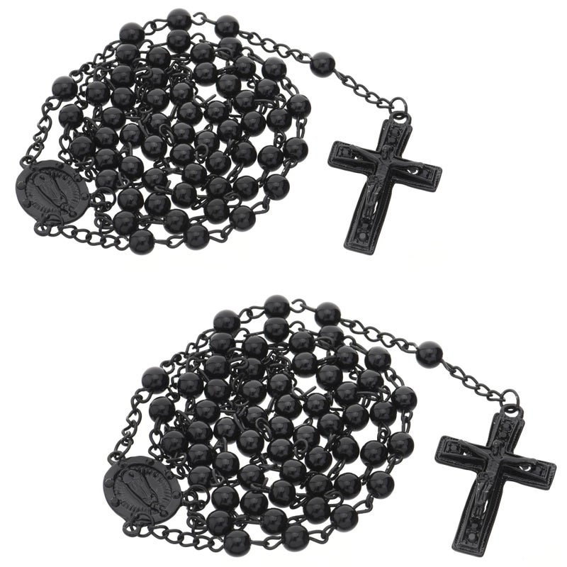 METALTREE98 metaltree98 2 PCS Rosary 6 mm Black Bead Guadalupe & Jesus Cross 28" Necklace HR 600 BK  - Image 1