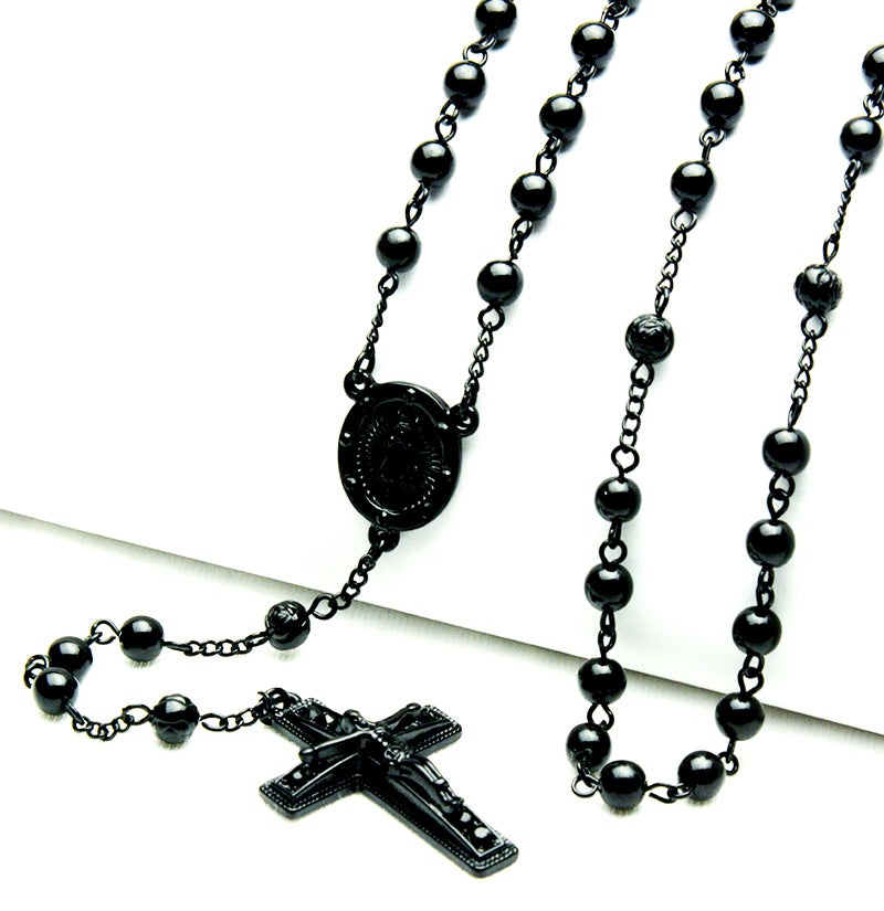 METALTREE98 metaltree98 2 PCS Rosary 6 mm Black Bead Guadalupe & Jesus Cross 28" Necklace HR 600 BK  - Image 3